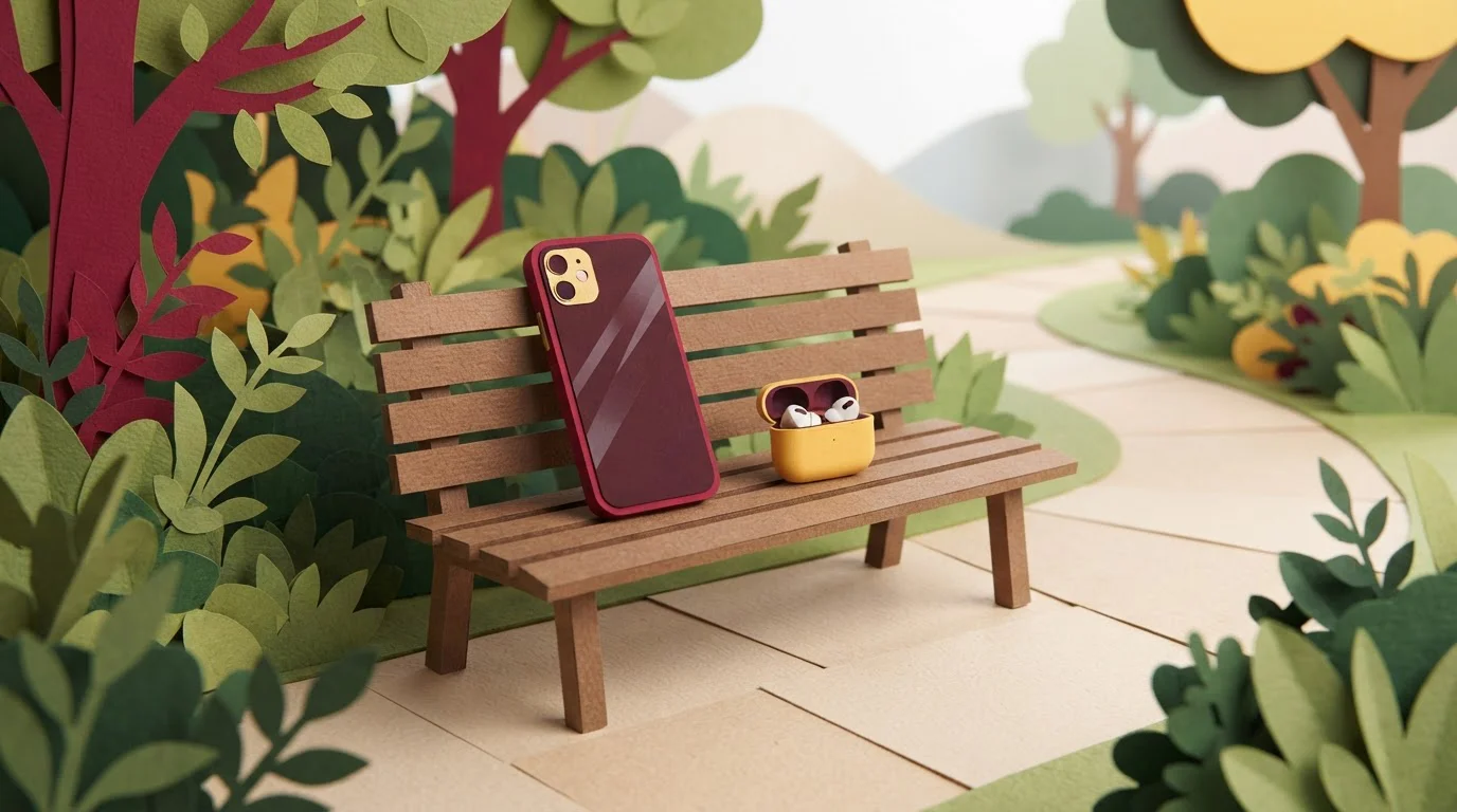 Smartphone und Kopfhörer auf einer Parkbank