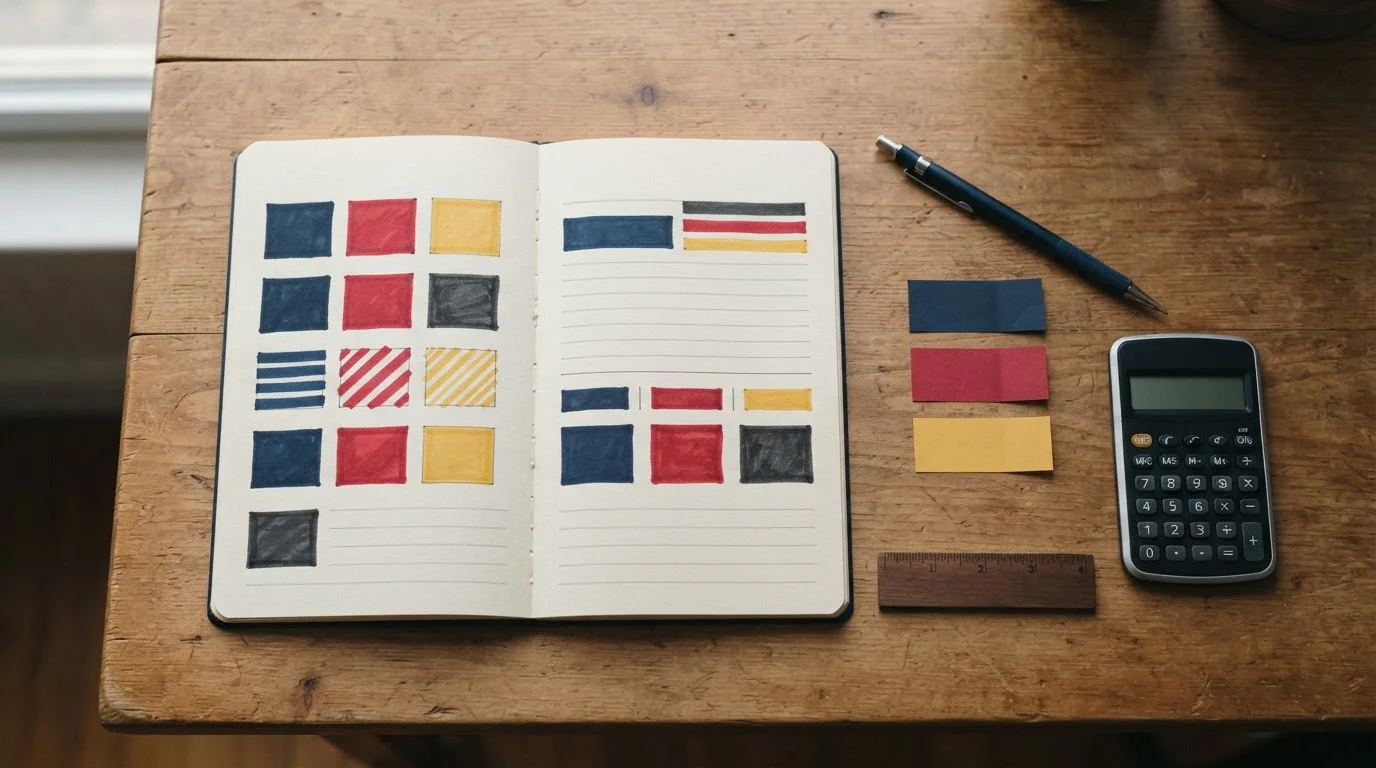 Notizblock mit Stift und farbigen Markierungen auf einem Schreibtisch