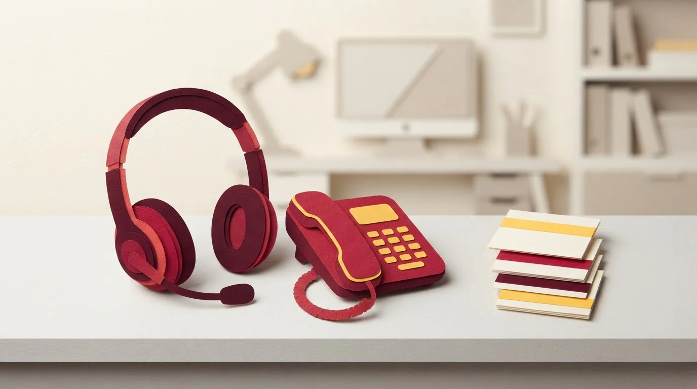 Headset und Telefonhörer neben Notizkarten auf einem Schreibtisch