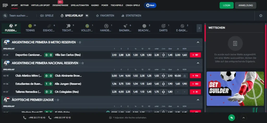 Live-Wettansicht mit laufenden Sportereignissen und eingeblendeten Quoten