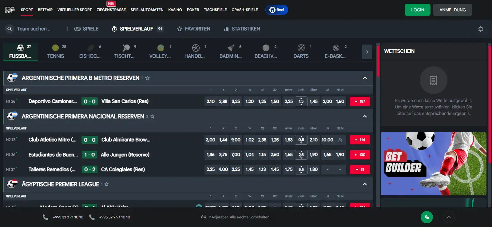 Live-Wettansicht mit laufenden Sportereignissen und eingeblendeten Quoten
