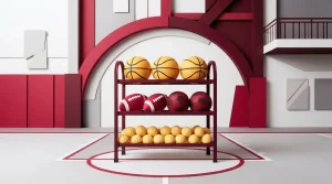 Gestell mit verschiedenen Sportbällen in einer Sporthalle